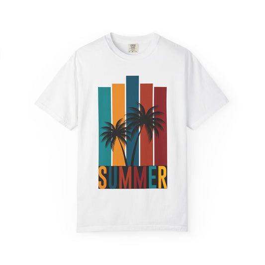 White t-shirt with colorful palm tree design and 'SUMMER' text on a white background