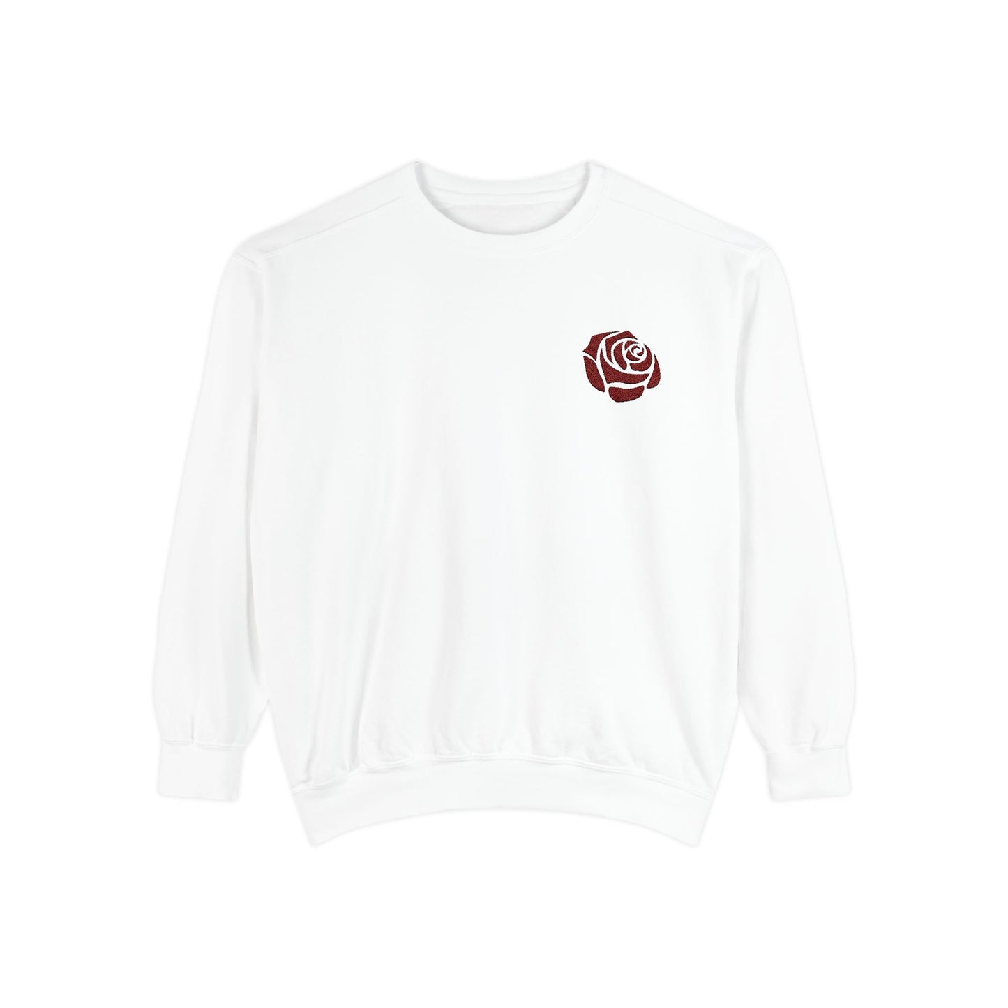 White sweatshirt with a red rose emblem on a white background