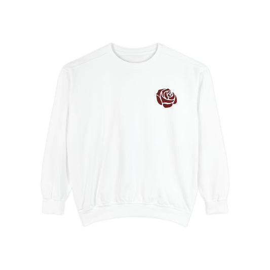White sweatshirt with a red rose emblem on a white background