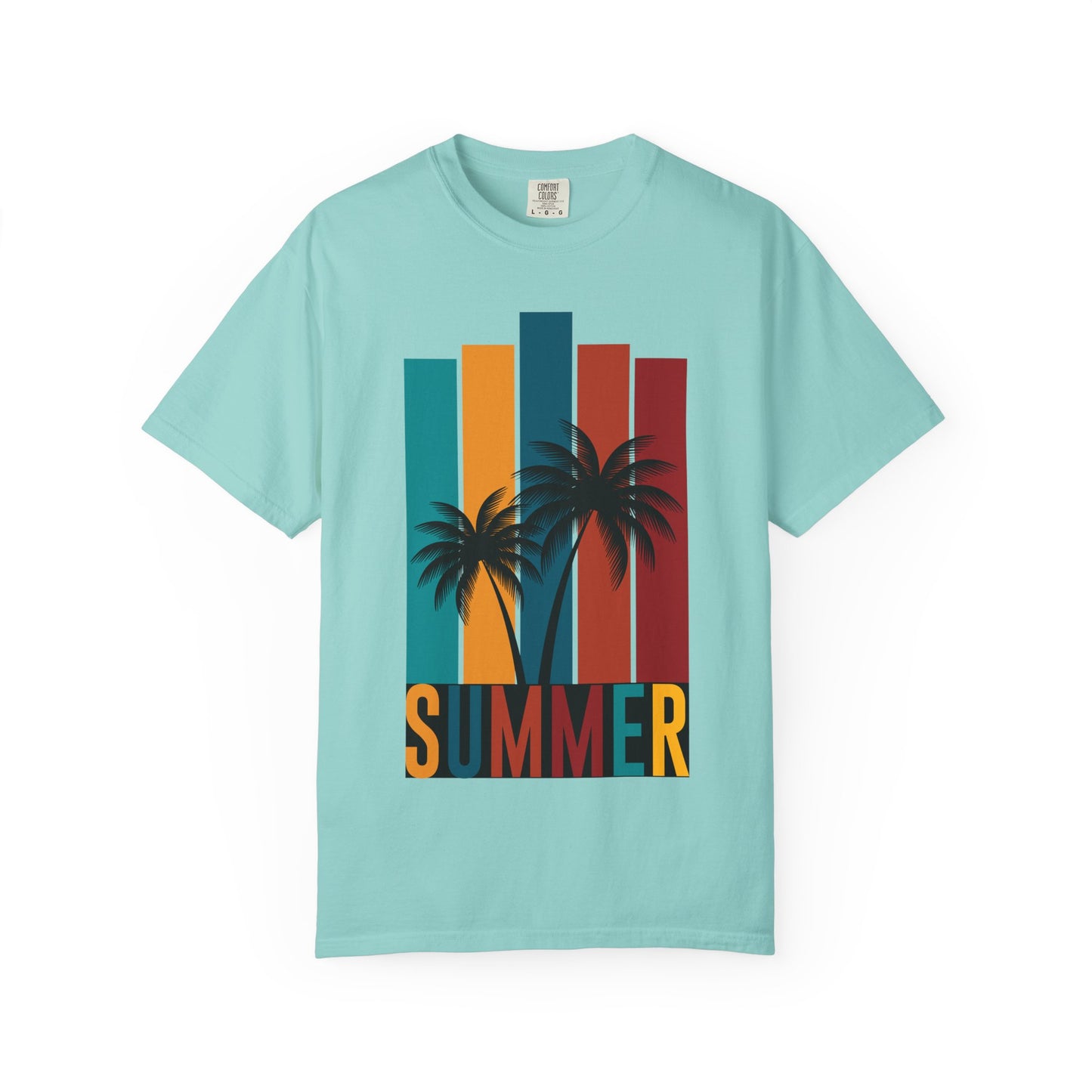 Light blue t-shirt with palm tree design and 'SUMMER' text on a white background