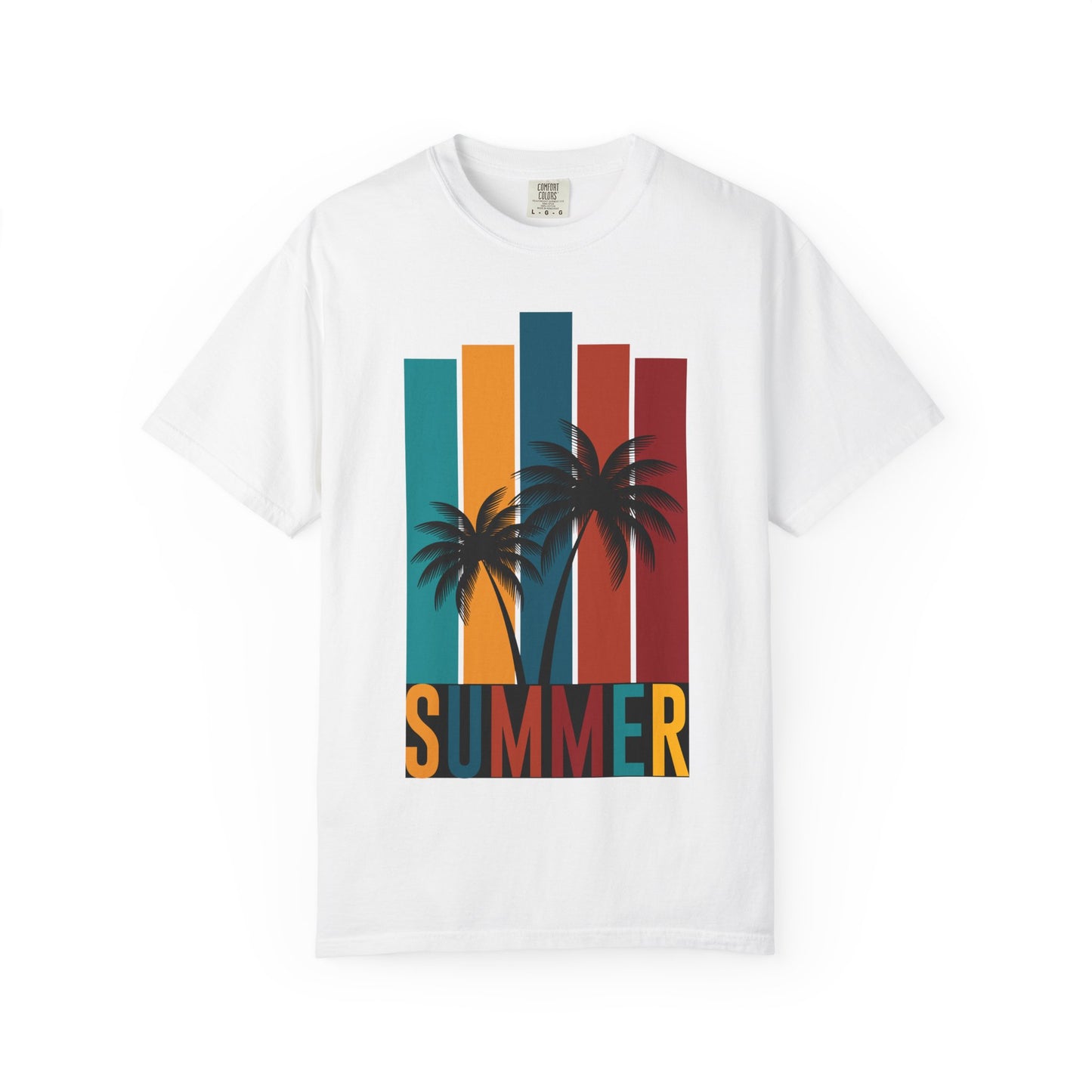 White t-shirt with colorful palm tree design and 'SUMMER' text on a white background